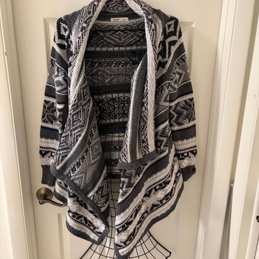 Old Navy Womens S Gray Fair Isle Shawl Collar Open Front Knit Cardigan Cottage